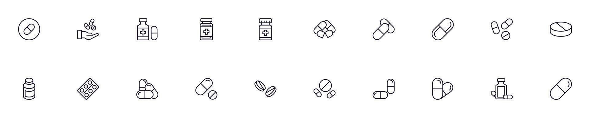 Simple outline signs of pills and medications. Line icons suitable for web sites, apps, infographics vector