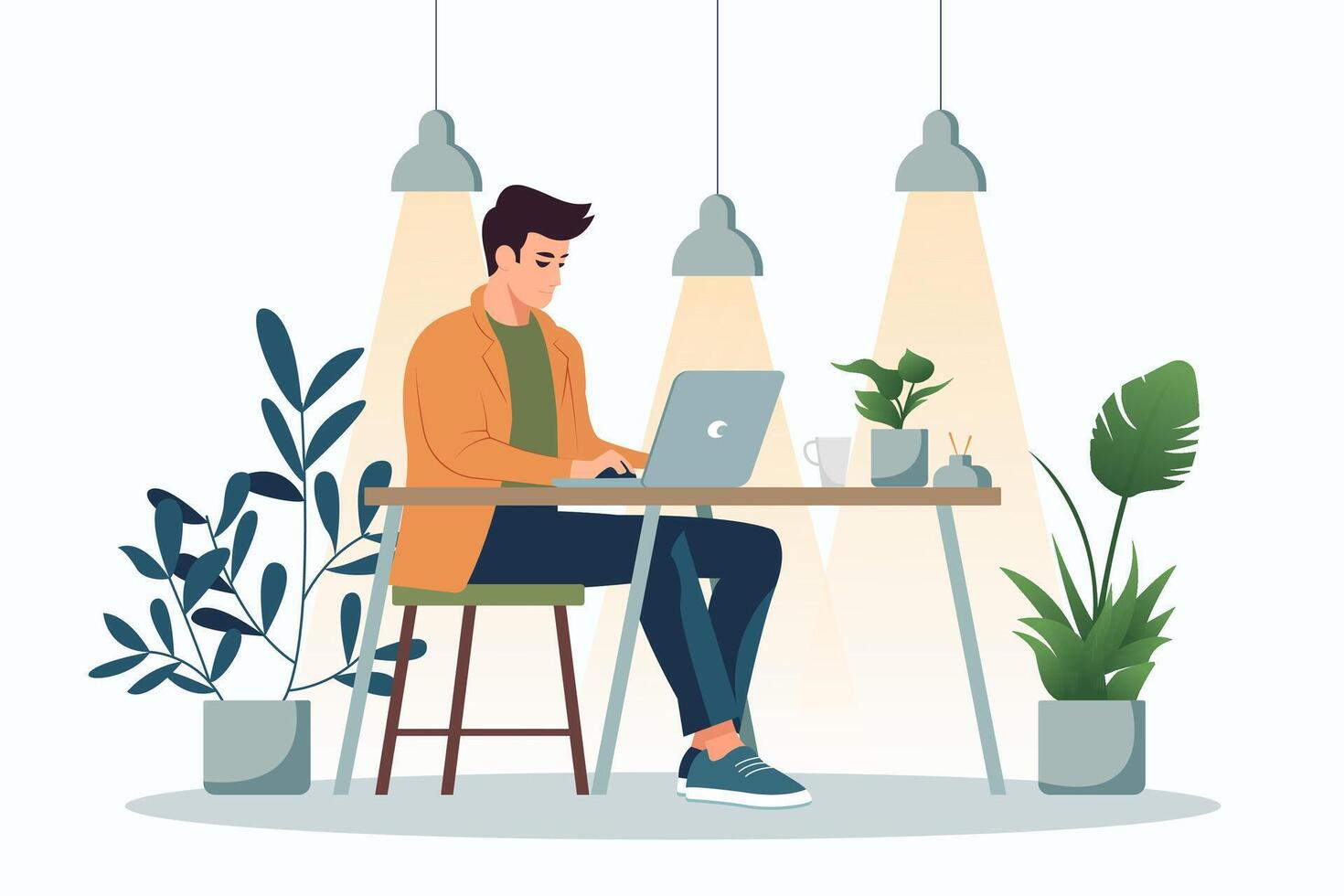 Vector flat illustration of young concentrated male freelancer working on laptop in cosy bright room decorated by green pot plants and glowing lamps