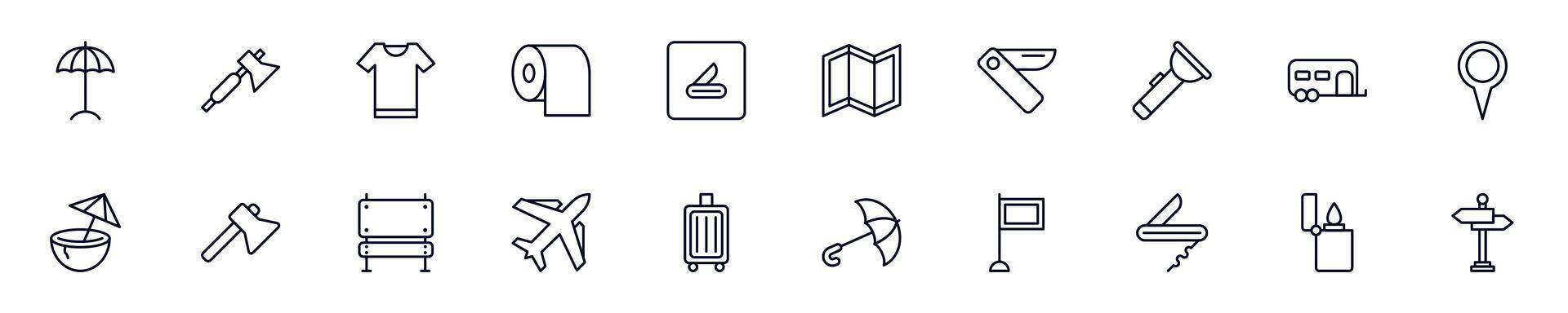 Collection of simple outline illustrations of travel, vacation, holiday. Modern line icons for apps, web sites, shops, stores vector