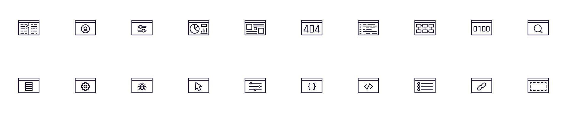 Coding and programming thin signs collection. Simple linear illustration for stores, shops, banners, design. Editable stroke vector