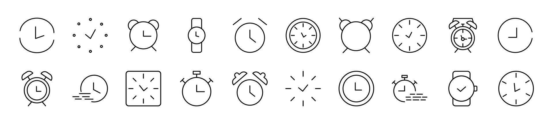 Collection of thin line icons of clock. Editable stroke. Simple linear illustration for web sites, newspapers, articles book vector
