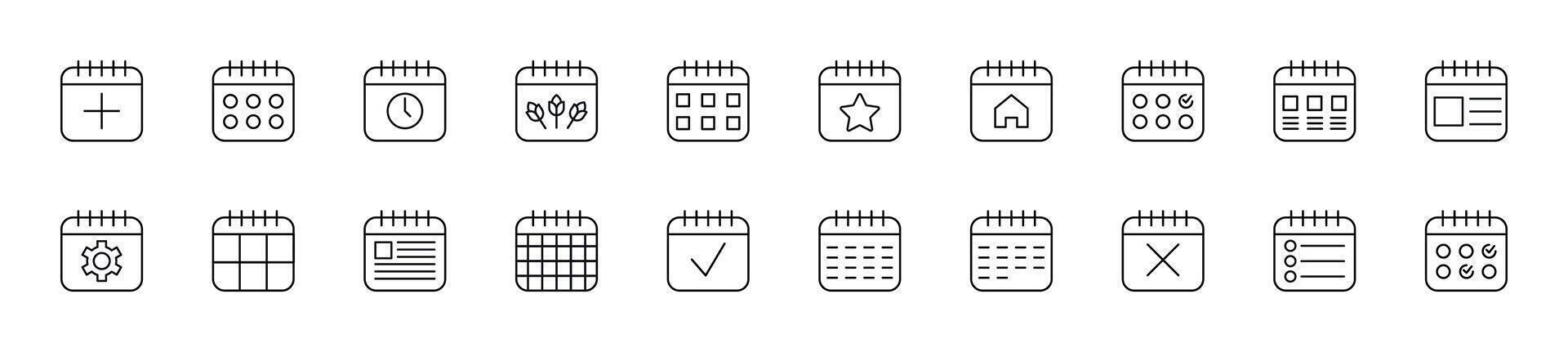 Calendar with Icons Vector Pictograms Drawn with Thin Line. Editable stroke. Simple linear illustration for web sites, newspapers, articles book