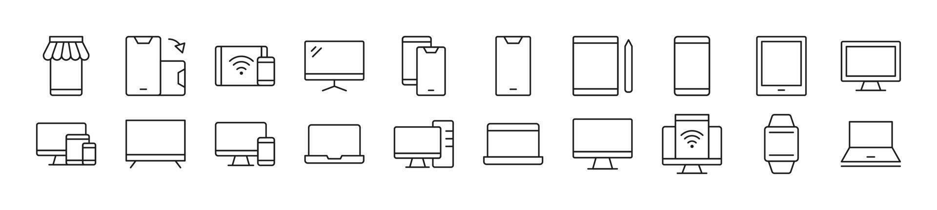 Set of thin line icons of computers, phones, laptops. Editable stroke. Simple linear illustration for web sites, newspapers, articles book vector