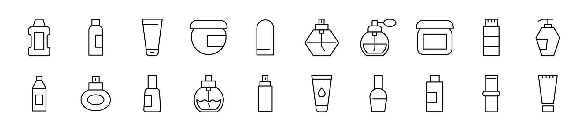 Collection of thin signs of cosmetic bottles. Editable stroke. Simple linear illustration for stores, shops, banners, design vector