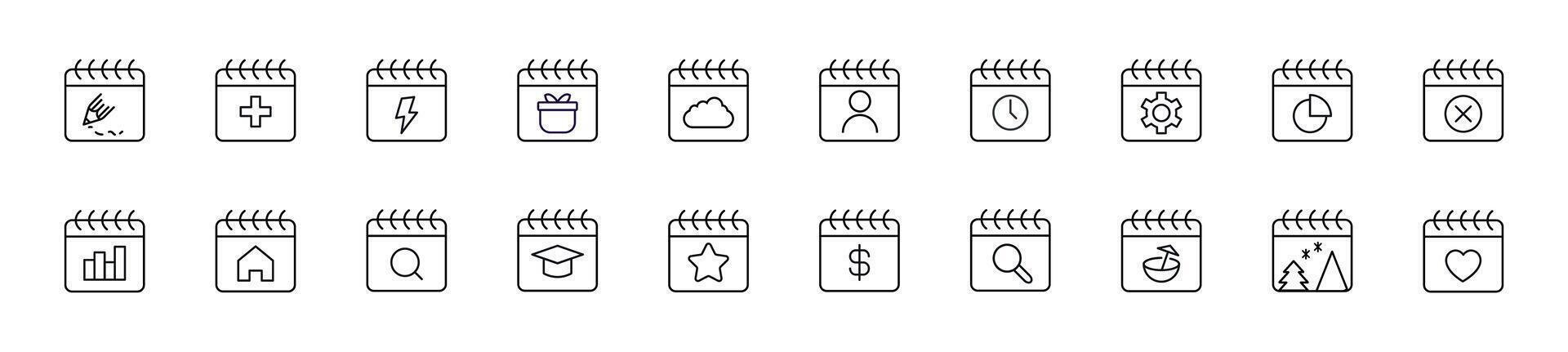 Set of thin line icons of calendars. Editable stroke. Simple linear illustration for web sites, newspapers, articles book vector