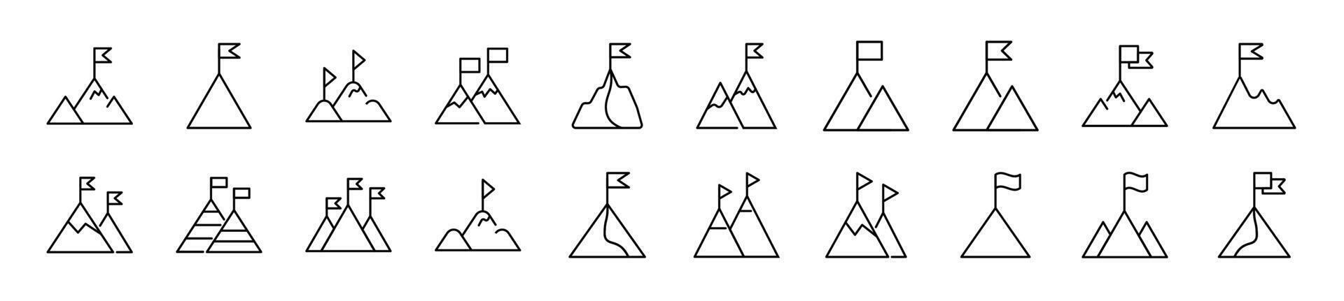 Pack of linear symbols of mountain with flag on top. Editable stroke. Linear symbol for web sites, newspapers, articles book vector