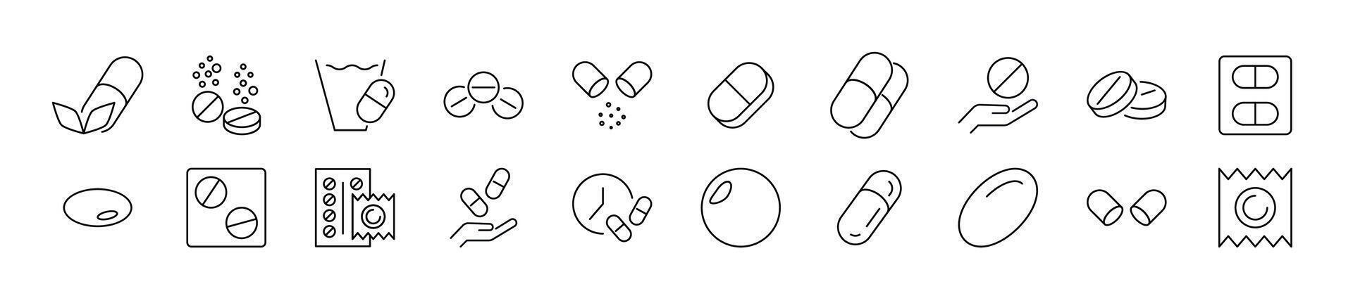 conjunto de línea íconos de medicamentos, pastillas, drogas editable ataque. sencillo contorno firmar para web sitios, periódicos, artículos libro vector