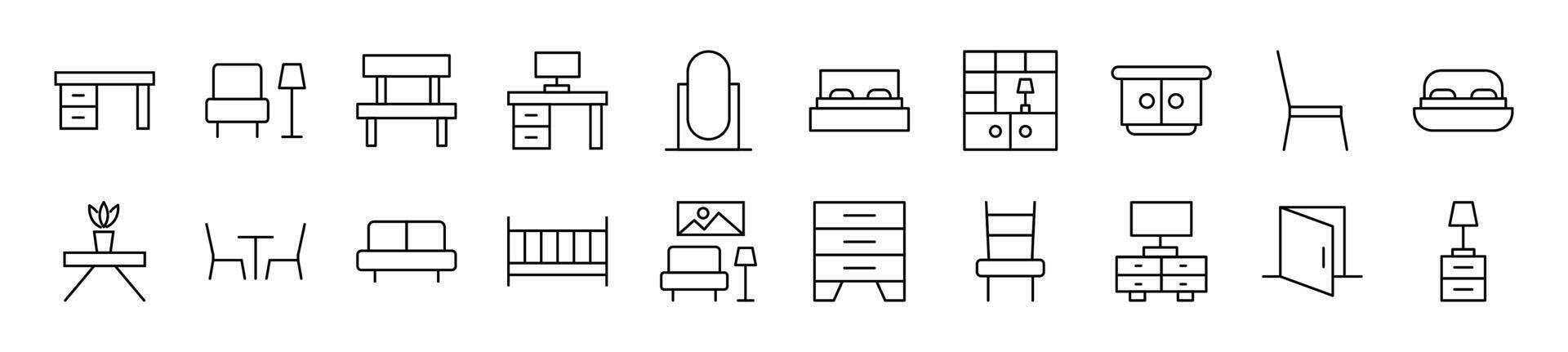 Images of sofa, table, bed and other furniture. Drawn with Thin Line. Editable stroke. Simple linear illustration for stores, shops, banners, design vector