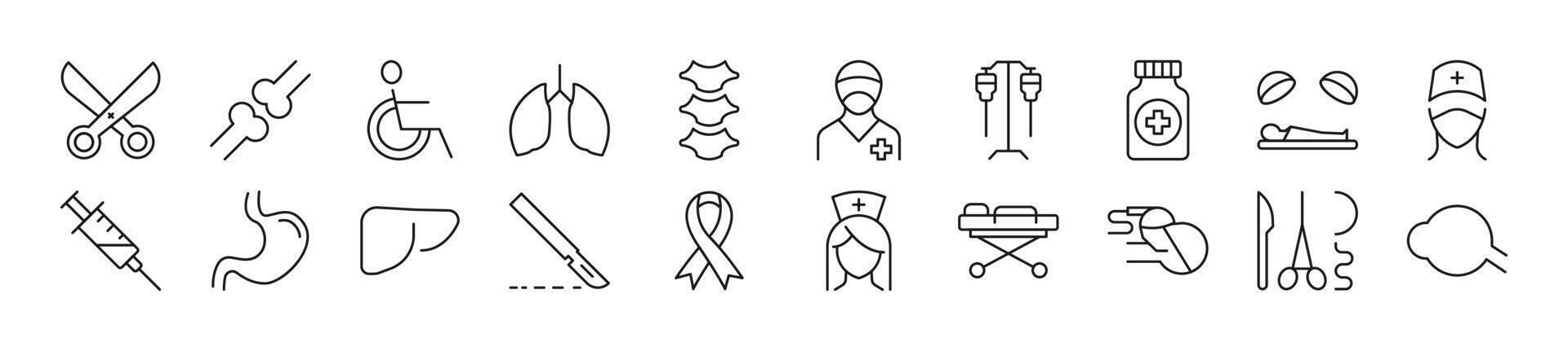 Bundle of linear symbols of surgeon. Editable stroke. Linear symbol for web sites, newspapers, articles book vector