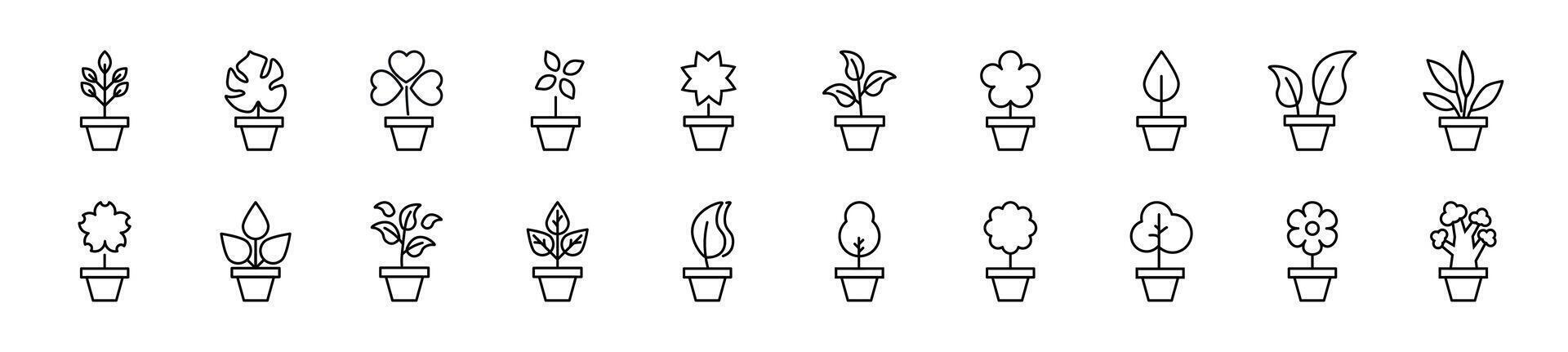 Set of line icons of pot plant. Editable stroke. Simple outline sign for web sites, newspapers, articles book vector