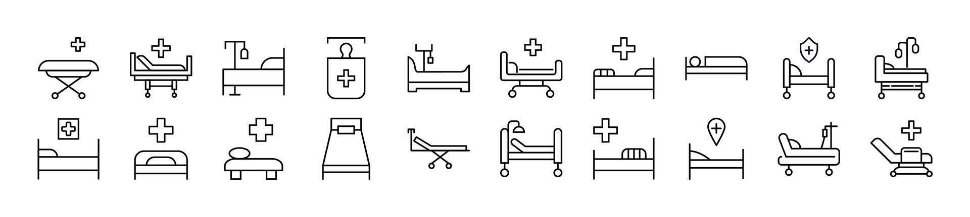 Pack of linear symbols of hospital bed. Editable stroke. Linear symbol for web sites, newspapers, articles book vector