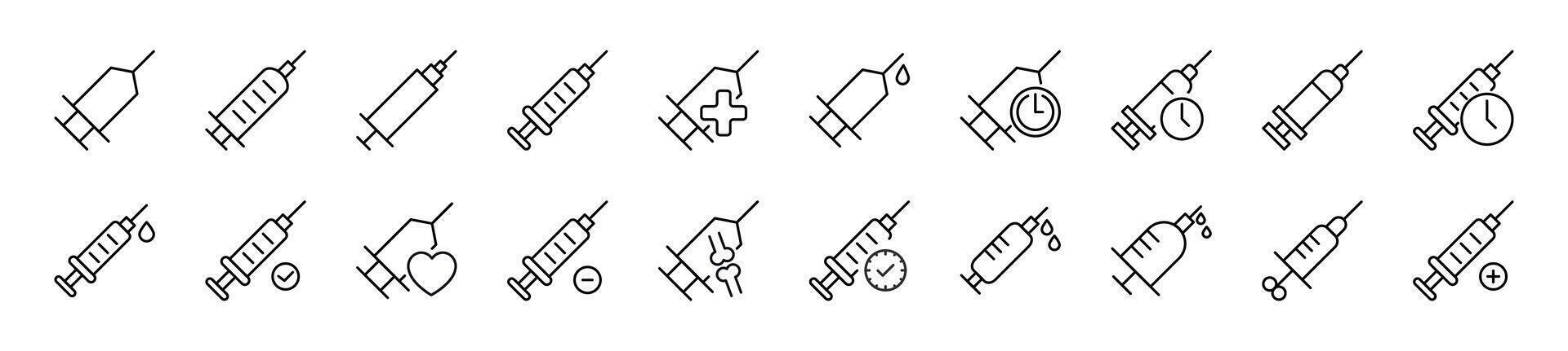 Collection of thin signs of syringe. Editable stroke. Simple linear illustration for stores, shops, banners, design vector