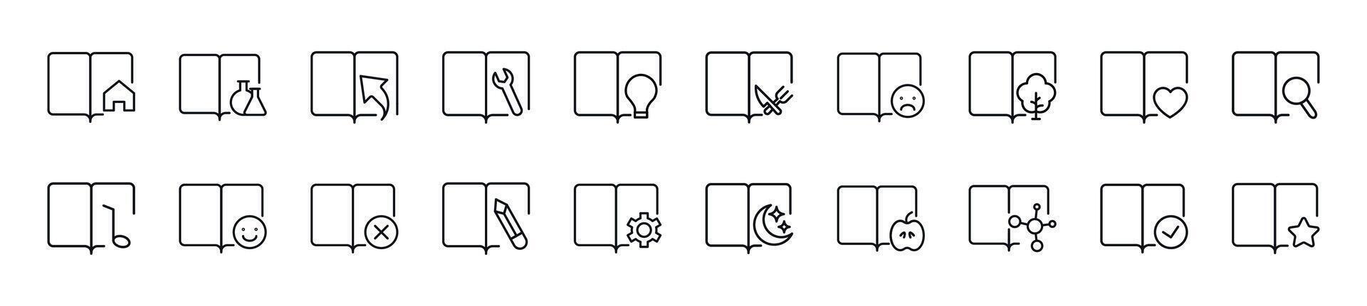 Set of line icons of books with various items. Editable stroke. Simple outline sign for web sites, newspapers, articles book vector