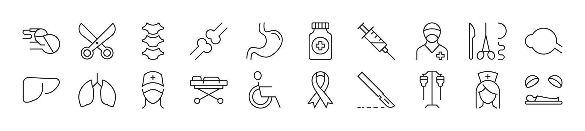 Collection of thin signs of surgeon. Editable stroke. Simple linear illustration for stores, shops, banners, design vector
