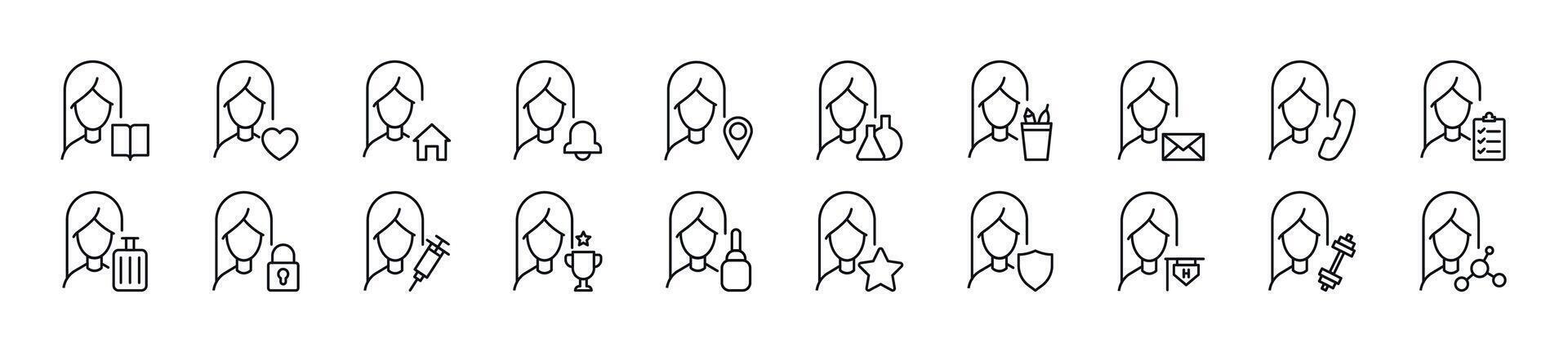 Pack of line icons of female user by items. Editable stroke. Simple outline sign for web sites, newspapers, articles book vector