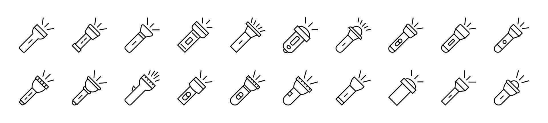 Collection of thin signs of flashlight. Editable stroke. Simple linear illustration for stores, shops, banners, design vector