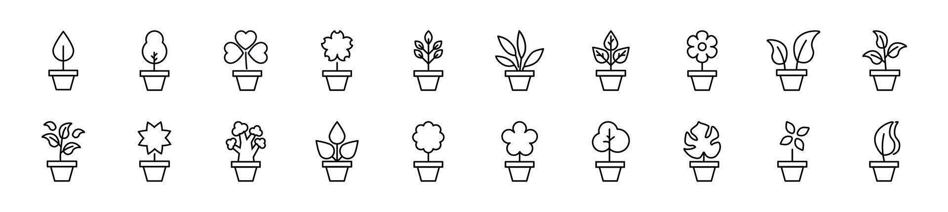 Collection of thin line icons of pot plant. Editable stroke. Simple linear illustration for web sites, newspapers, articles book vector