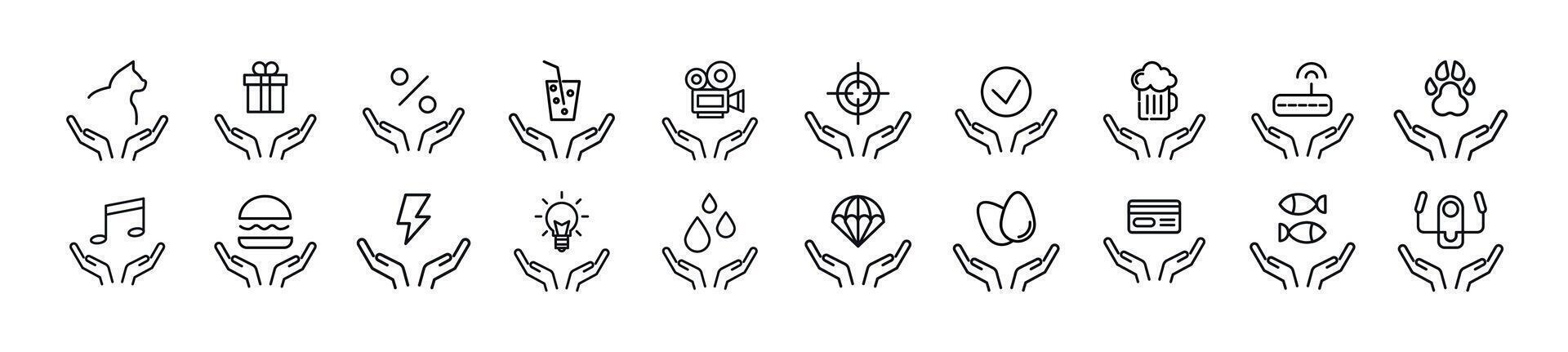 Collection of thin line icons of items over hands. Editable stroke. Simple linear illustration for web sites, newspapers, articles book vector