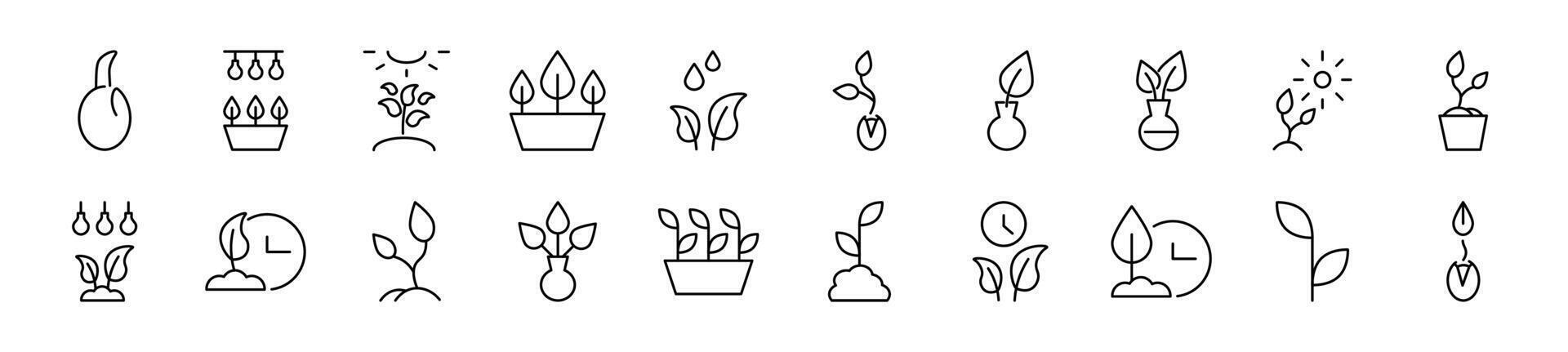 Set of vector outline symbols of gardening. Editable stroke. Line icon for web sites, newspapers, articles book
