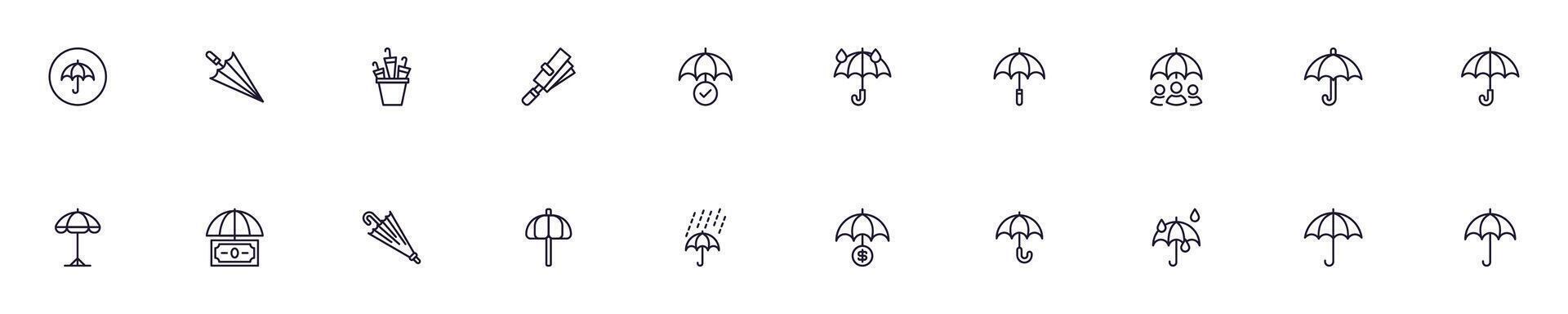 Umbrellas line vector pictograms pack. Editable stroke. Simple linear illustration that can be used as a design element for apps and websites