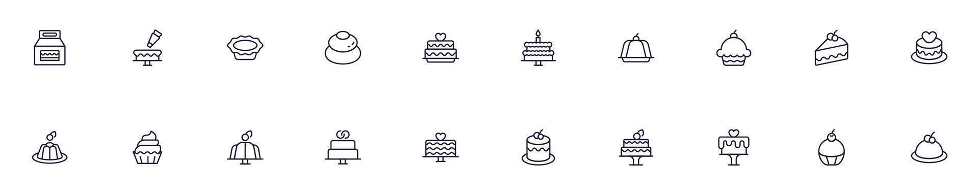 Set of vector symbols of cakes and cooking. Editable stroke. Simple outline signs that perfect for banners, infographics, web sites