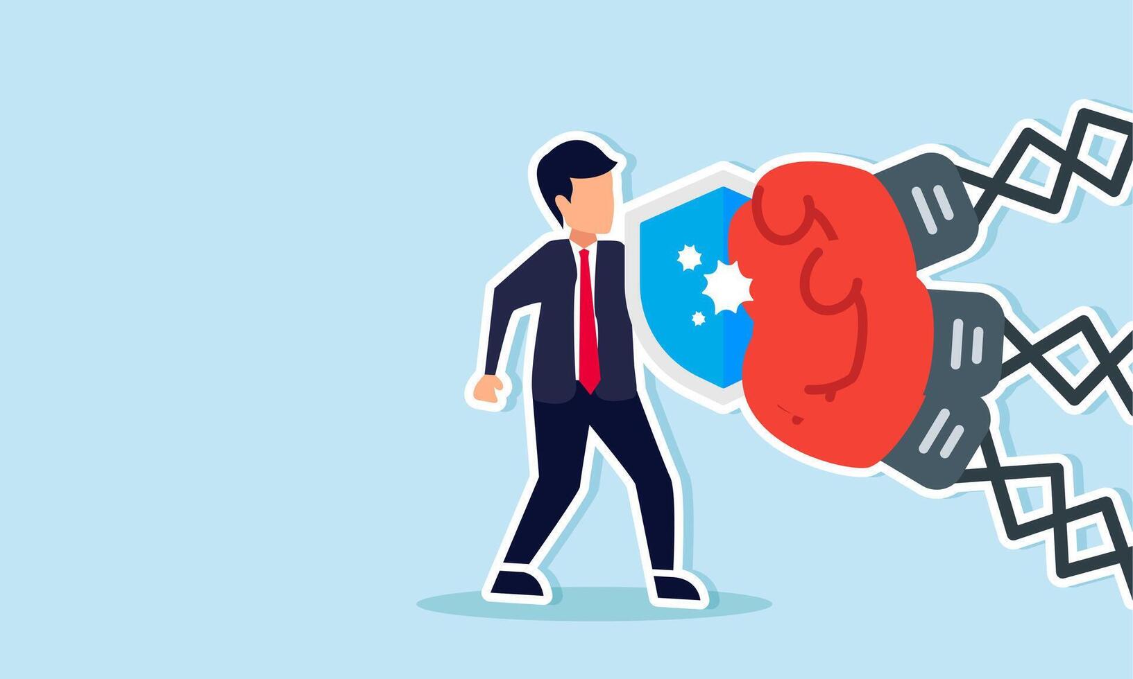 Brave entrepreneur battles to overcome competition, resilience against adversity, fighting spirit for victory, concept of Entrepreneur defends against multiple punches with shield in hand vector