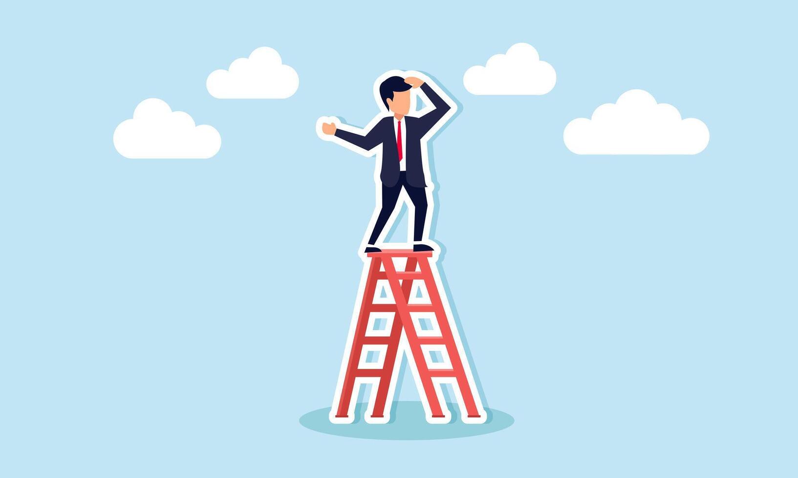 Ascending the ladder of success, leading with vision to seize business opportunities, concept of Confident leader ascends ladder, eyes fixed on future, reaching the pinnacle vector