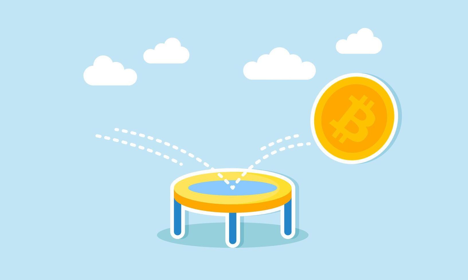 Bitcoin price bounces back, cryptocurrency rebounds after downturn, concept of Golden Bitcoin rebounds, bouncing on trampoline, rising on price graph vector