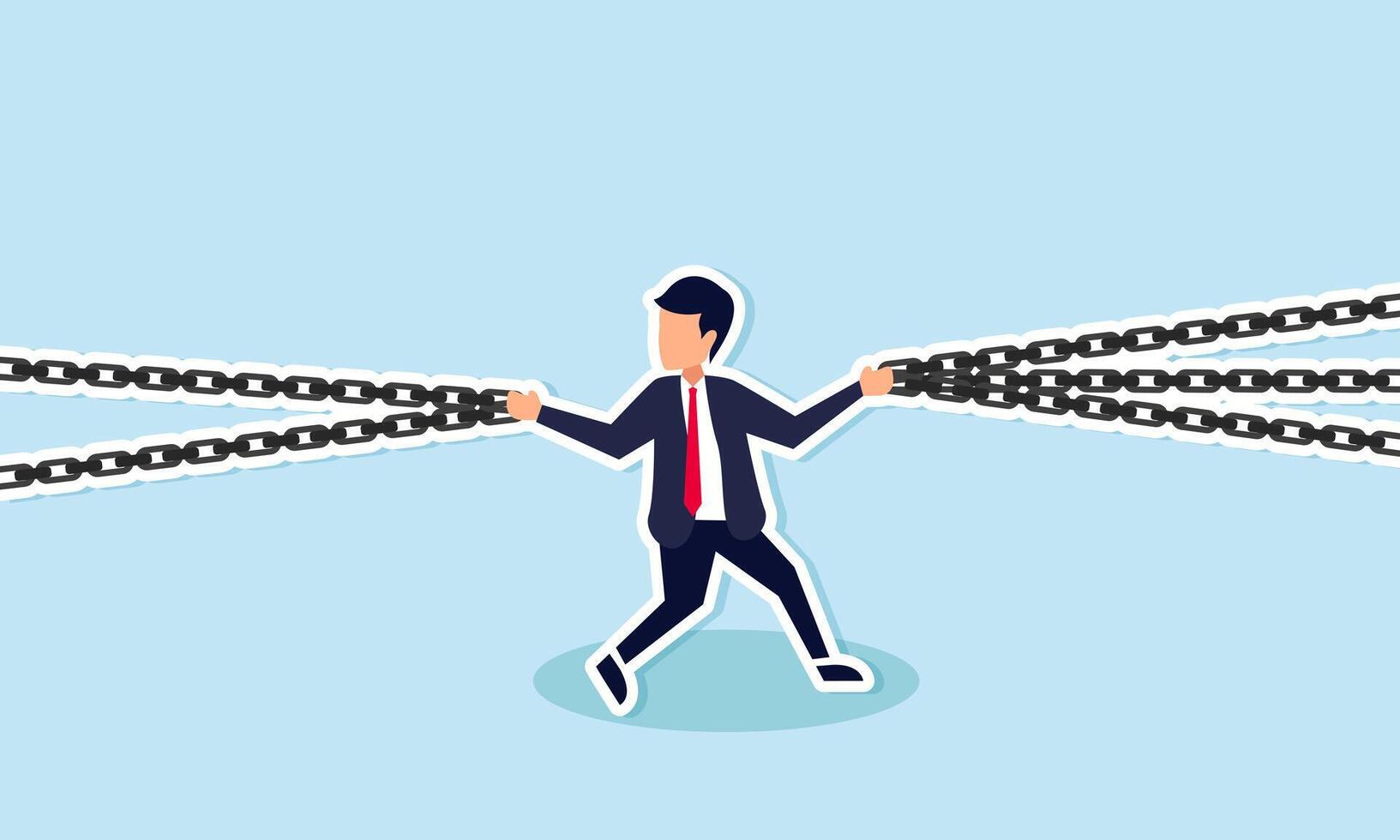 Critical weak link, single point of failure jeopardizing entire system, vulnerable spot to be wary, concept of Businessman struggles to juggle multiple chains to avert potential failure vector