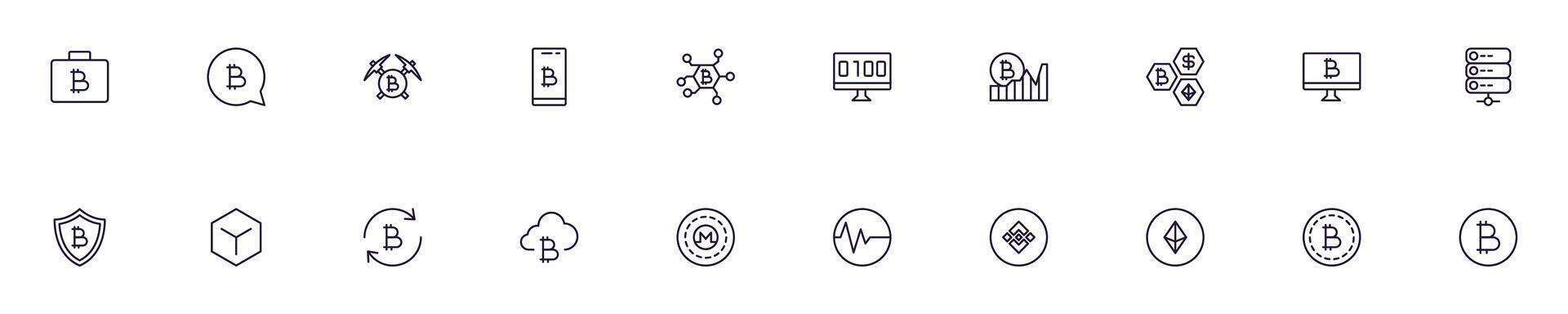 Cryptocurrency web outline symbols collection for stores, shops, banners, design vector