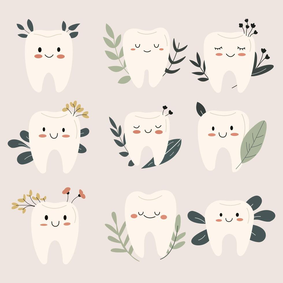 dientes con hojas vector aislado plano ilustraciones recopilación. Perfecto para diferente tarjetas, textil, web sitios, aplicaciones