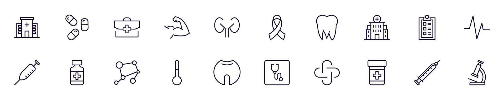 Medicine and healthcare vector pictogram collection. Simple linear illustration that can be used as an design element for apps and websites