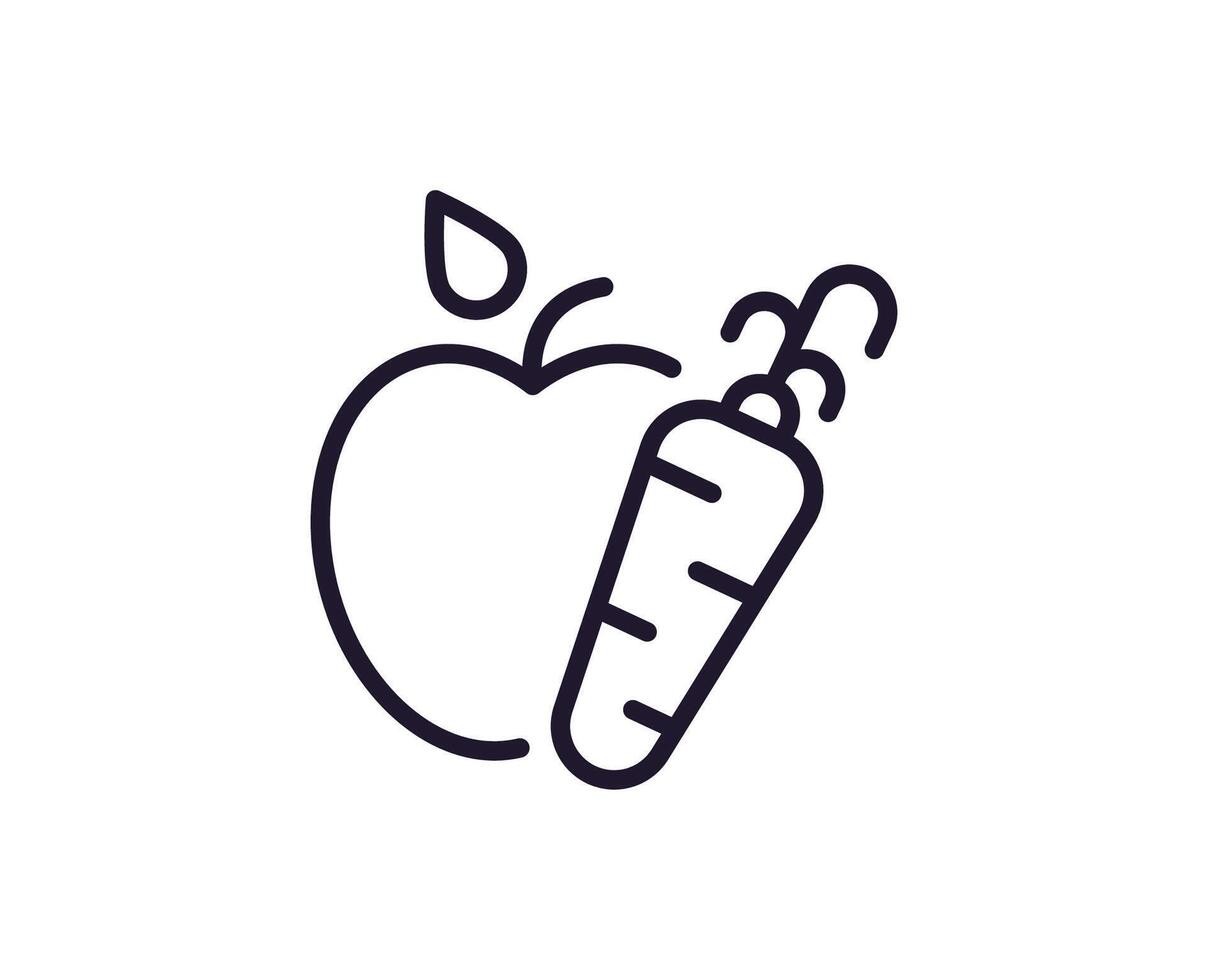 Sport, fitness and weight loss concept. Trendy sign drawn in line style. Perfect for web sites, apps, UI, adverts. Editable stroke. Vector line icon of apple and carrot