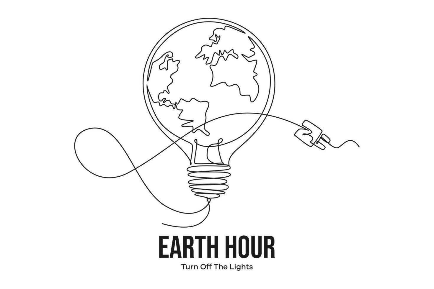 Continuous one line drawing earth hour day concept. Doodle vector illustration.