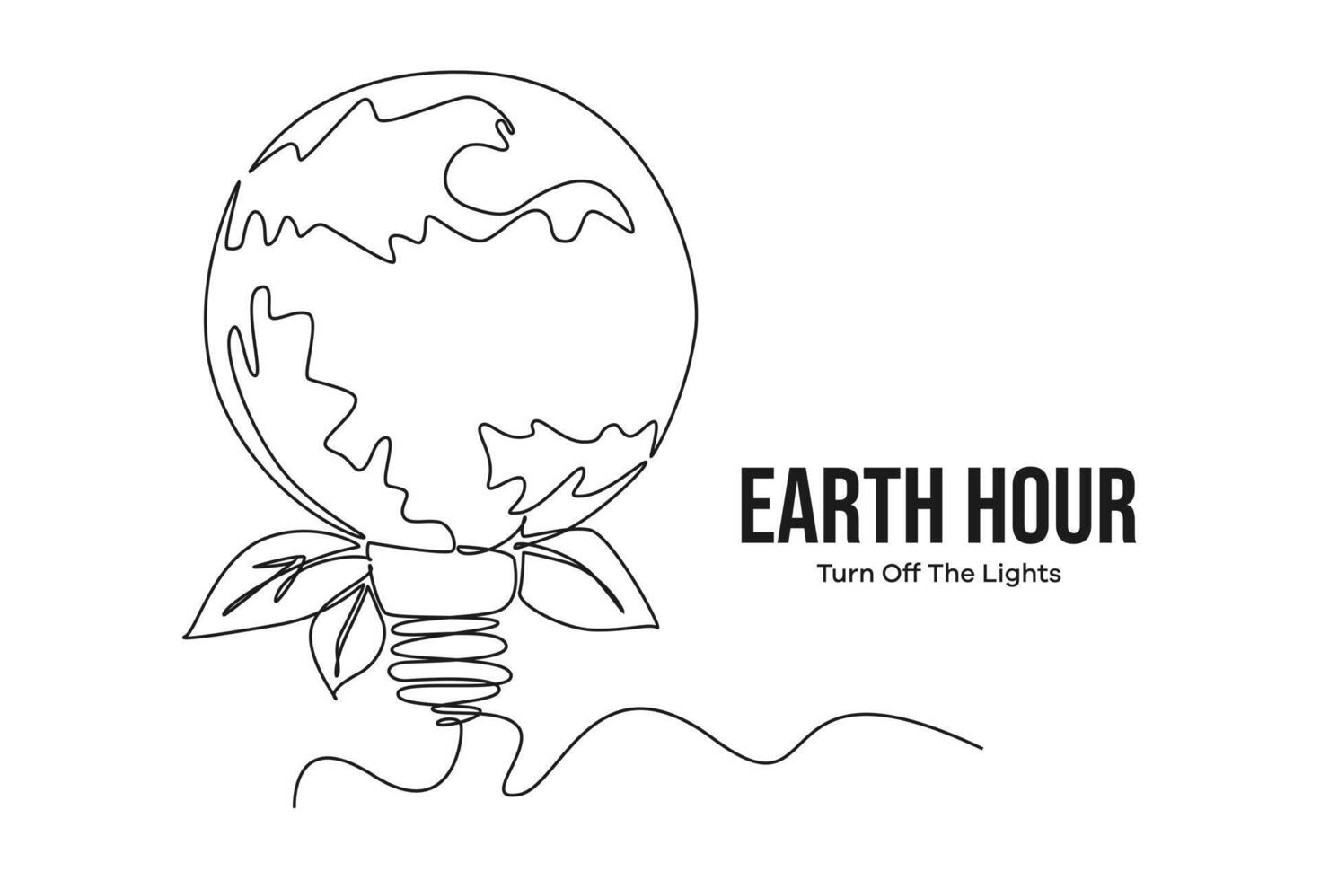 Continuous one line drawing earth hour day concept. Doodle vector illustration.