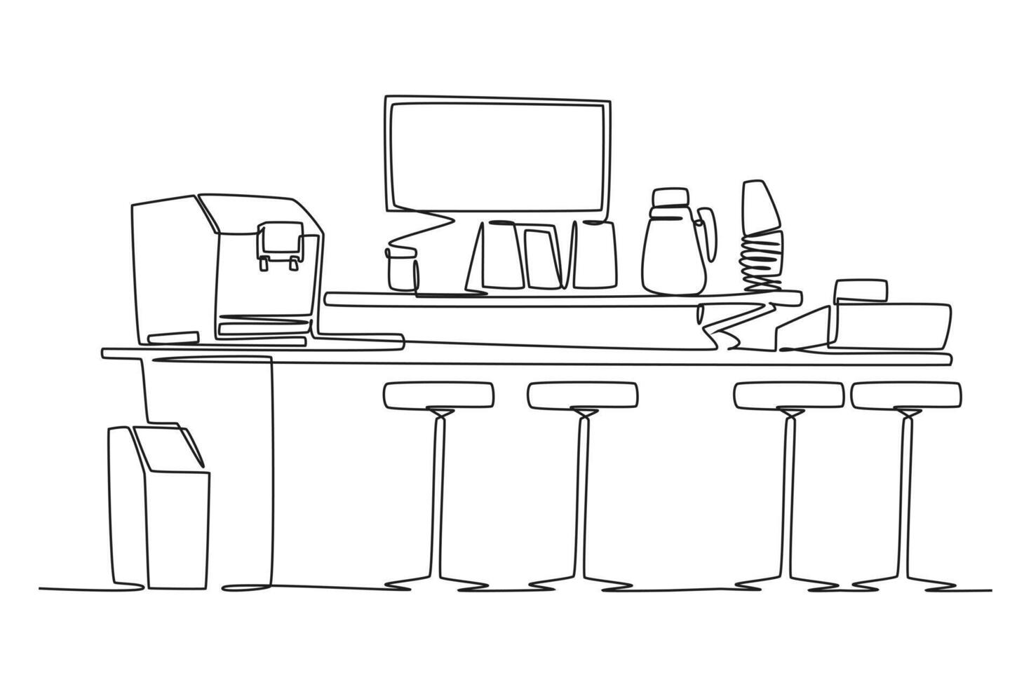 One continuous line drawing of Coffeehouse, coffee shop or cafe concept. Doodle vector illustration in simple linear style.