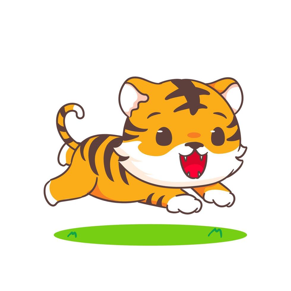 Cute little tiger jumping cartoon character. Adorable animal concept design. Vector art illustration