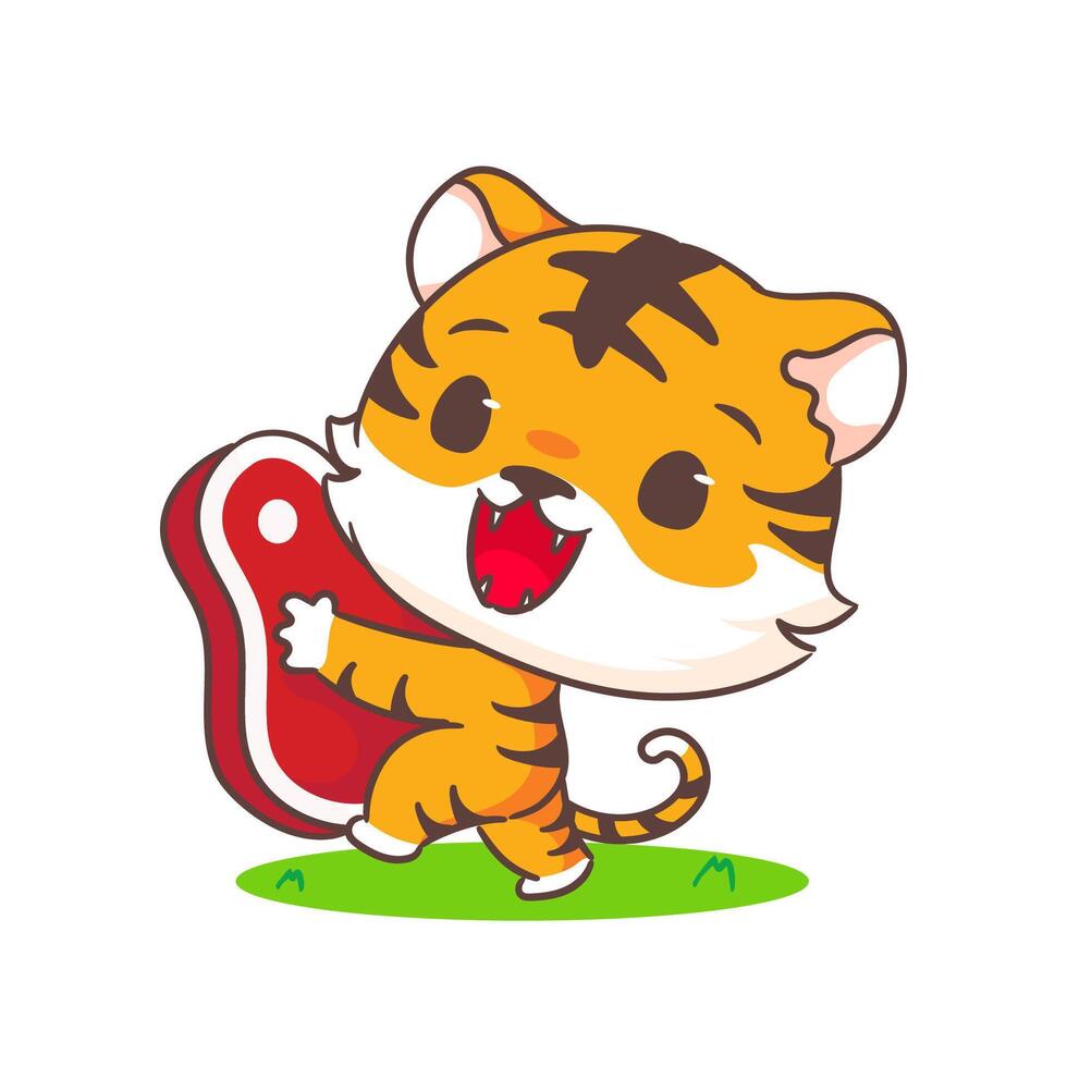 Cute little tiger holding meat cartoon character. Adorable animal concept design. Vector art illustration