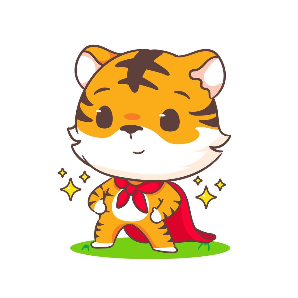 Cute little tiger super hero with red cloak cartoon character. Adorable animal concept design. Vector art illustration