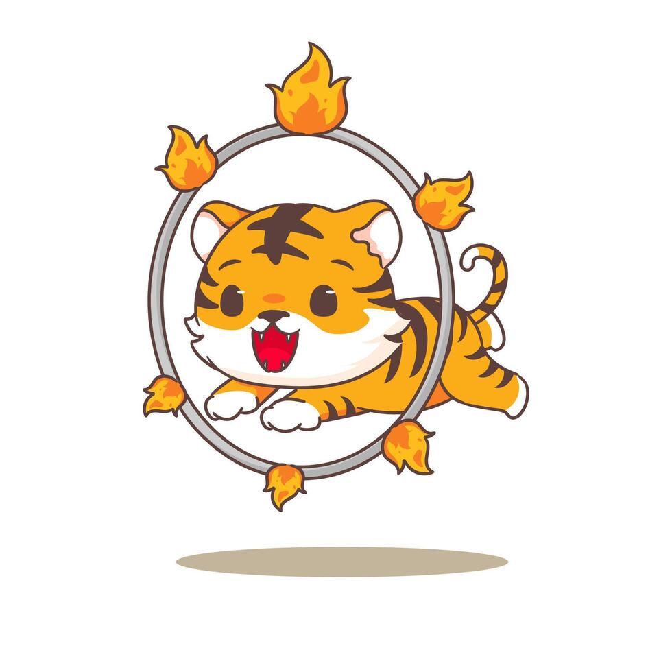 Cute little tiger jumping through fire ring cartoon character. Adorable animal concept design. Vector art illustration