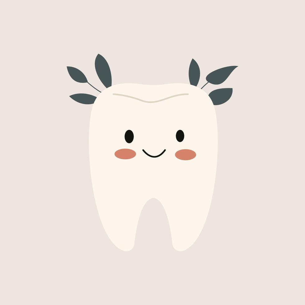 Tooth Emoji with Leaves Flat Illustration. Perfect for different cards, textile, web sites, apps vector