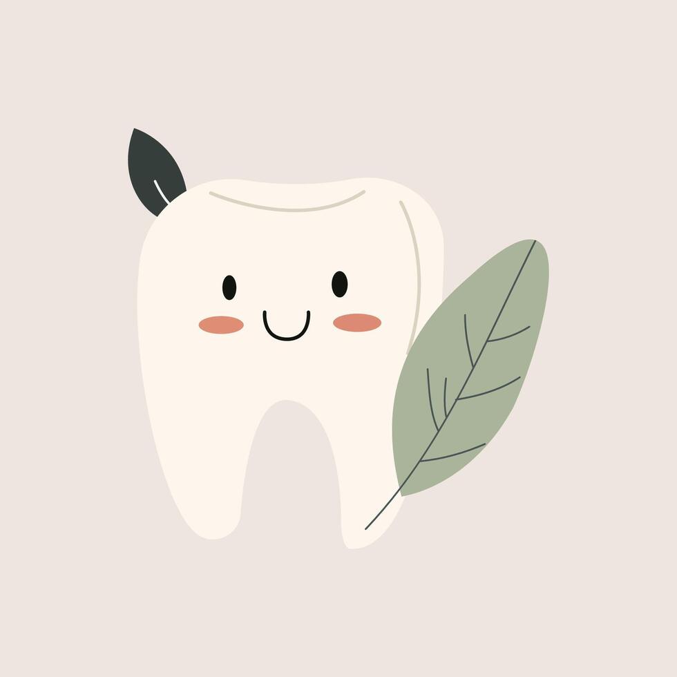 Tooth with Leaves Vivid Flat Illustration. Perfect for different cards, textile, web sites, apps vector