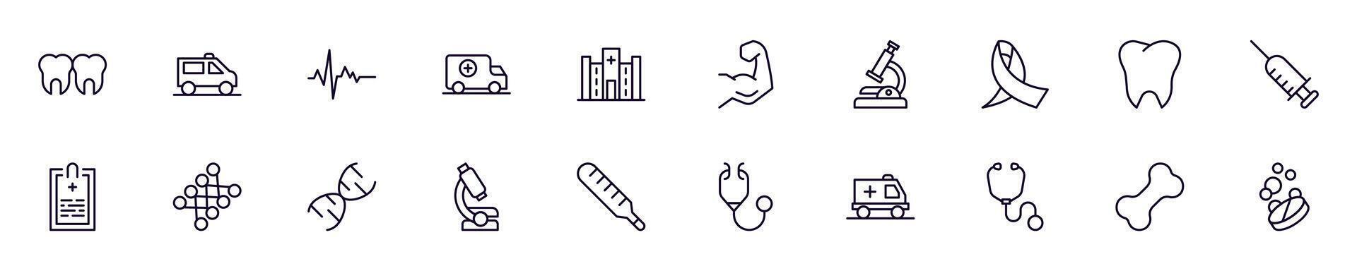 Simple outline signs of medicine and healthcare. Line icons suitable for web sites, apps, infographics vector