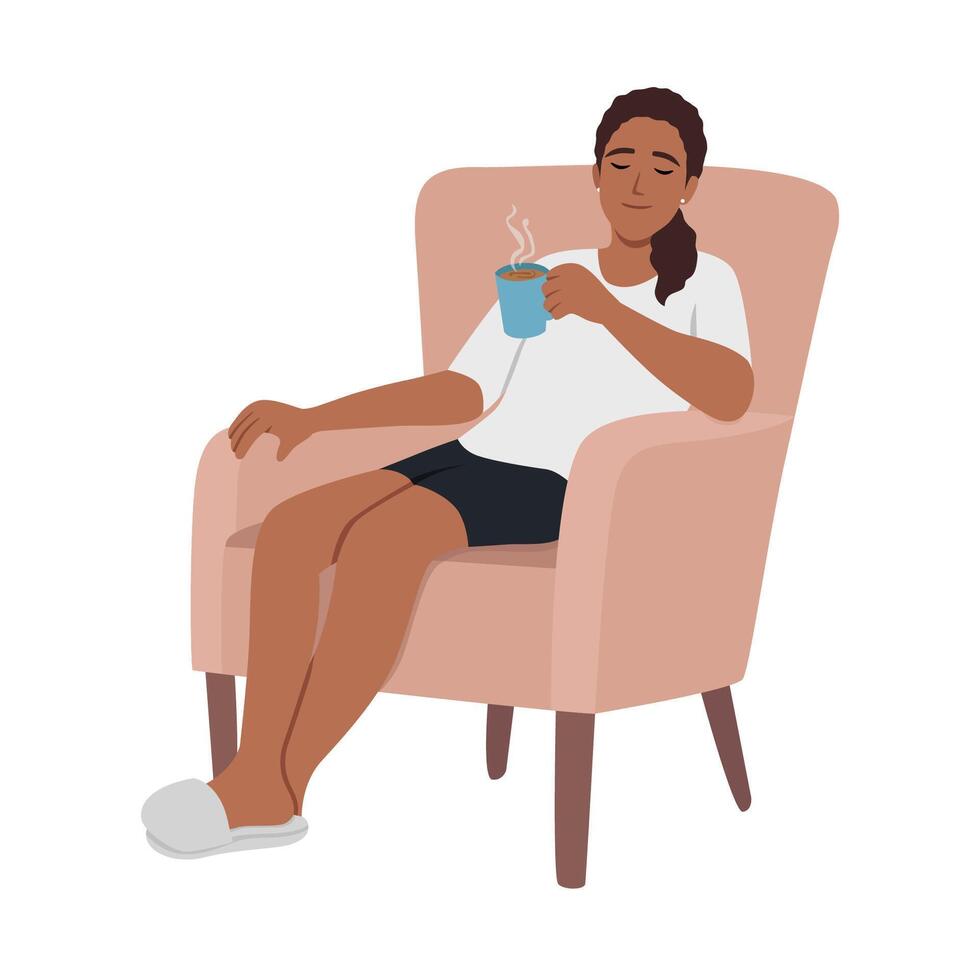 Young woman relaxing at home and getting coffee break concept vector