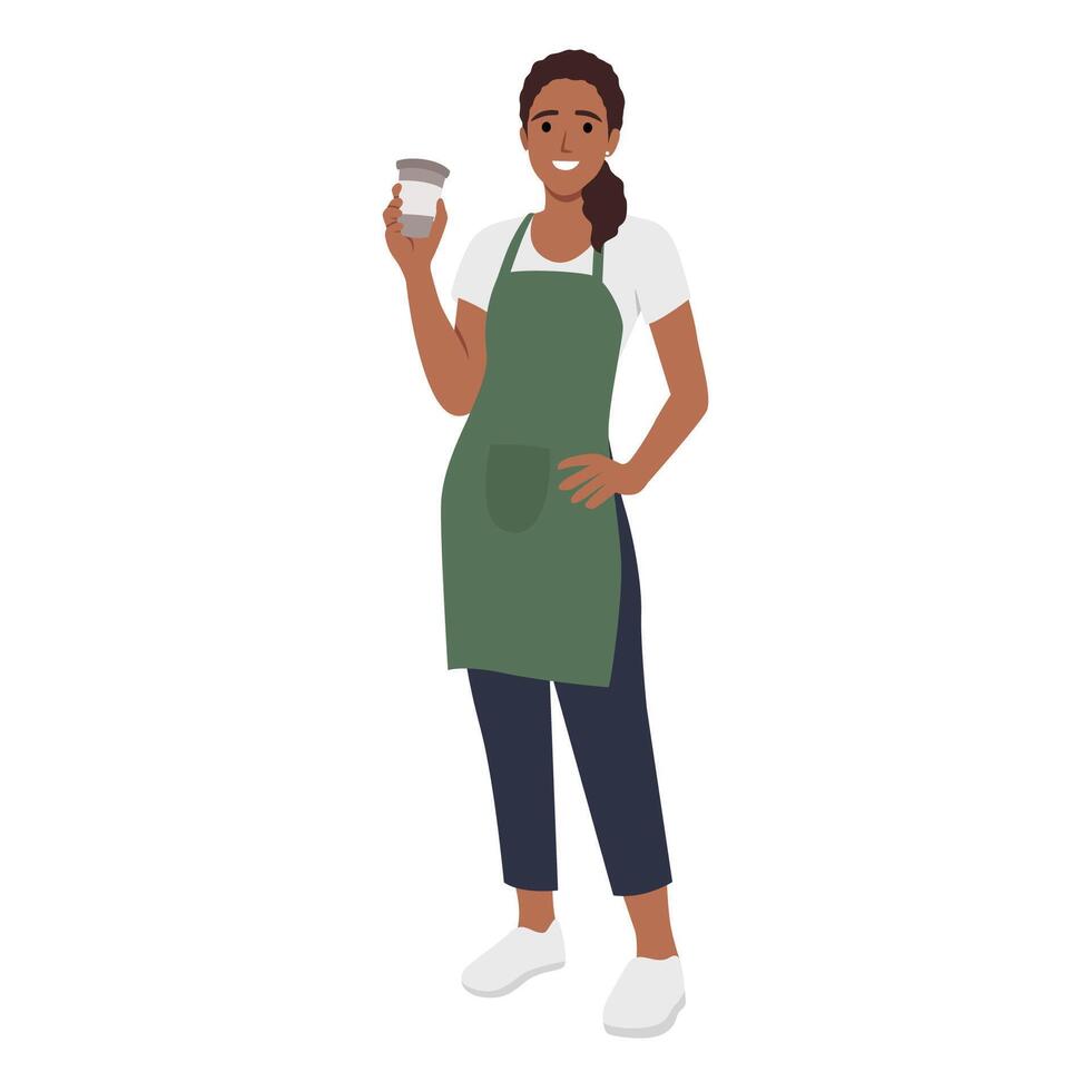 Young smiling woman barista cartoon character working at cafeteria standing and smiling holding coffee for clients. vector