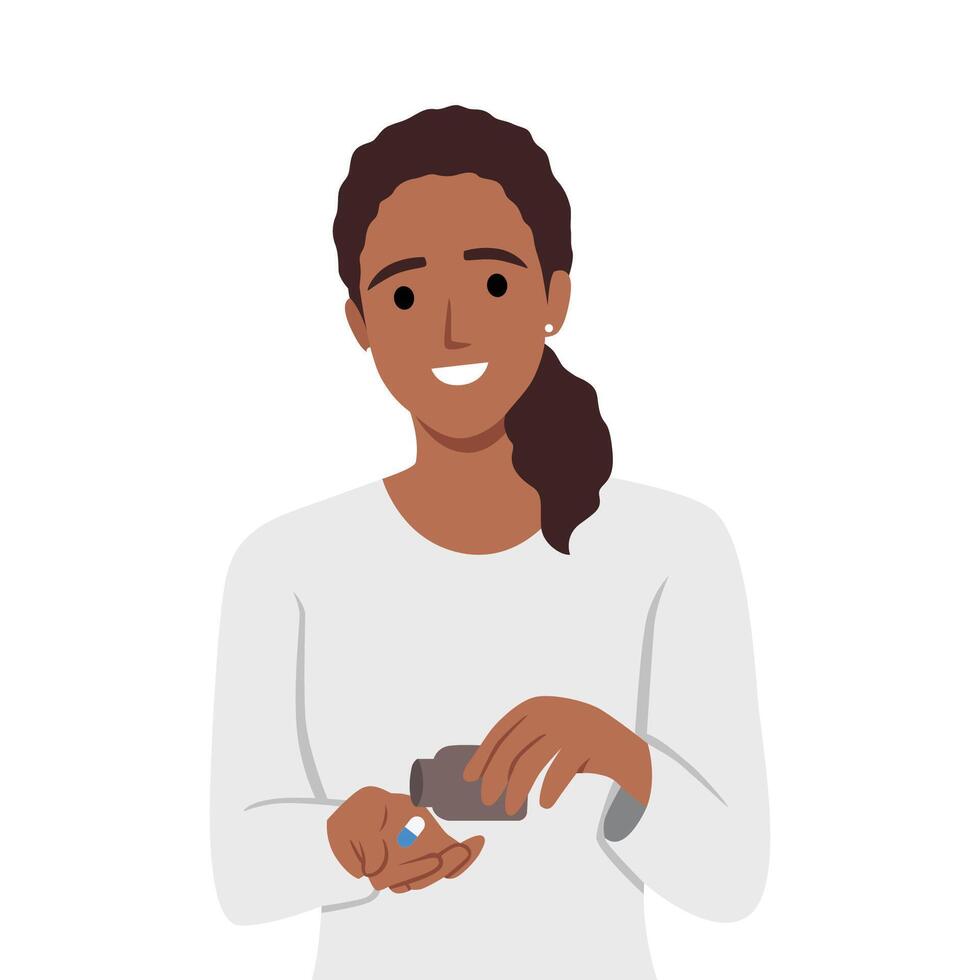 Woman taking drugs pills. vector