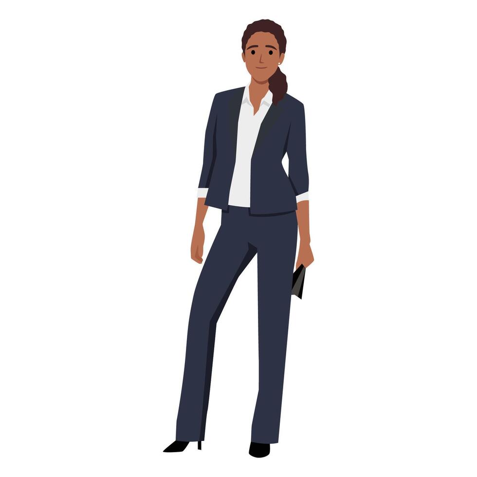 Businesswoman, set of portrait and full length view. Smiling business woman standing folded hand, wearing dark business suit. vector