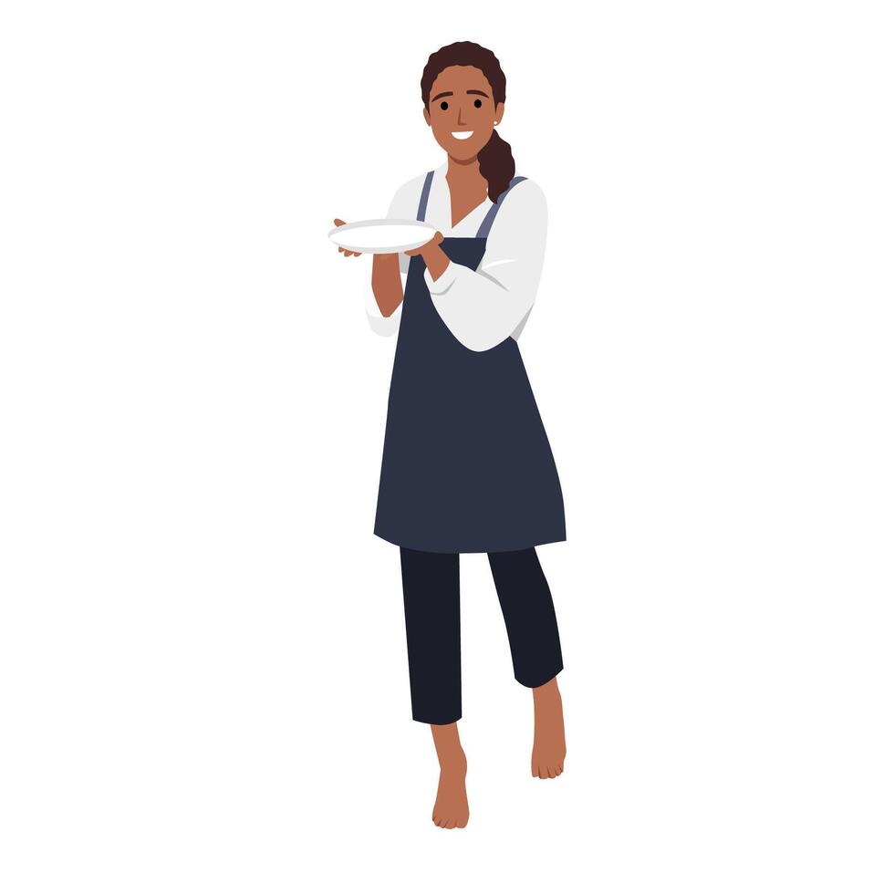 Young happy fun housewife housekeeper chef baker latin woman wear striped apron toque hat hold in hand empty plate. vector