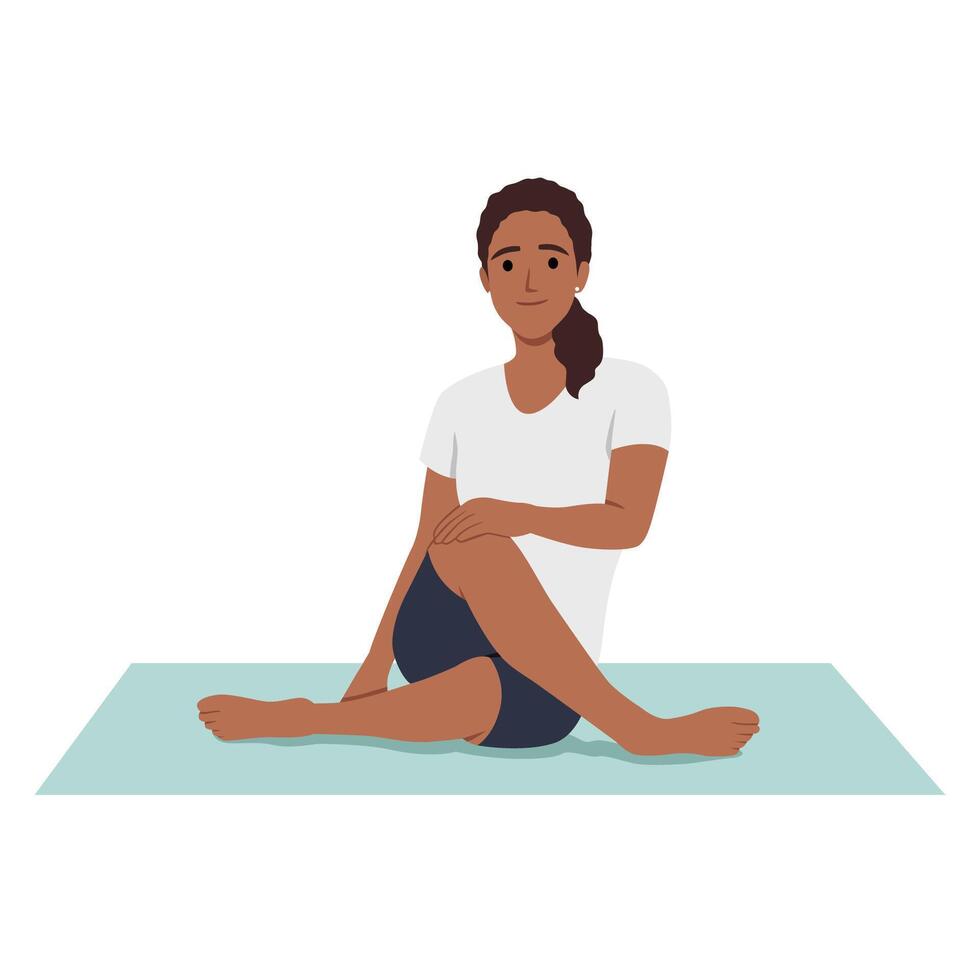 Young woman doing Seated twist stretch exercise. vector