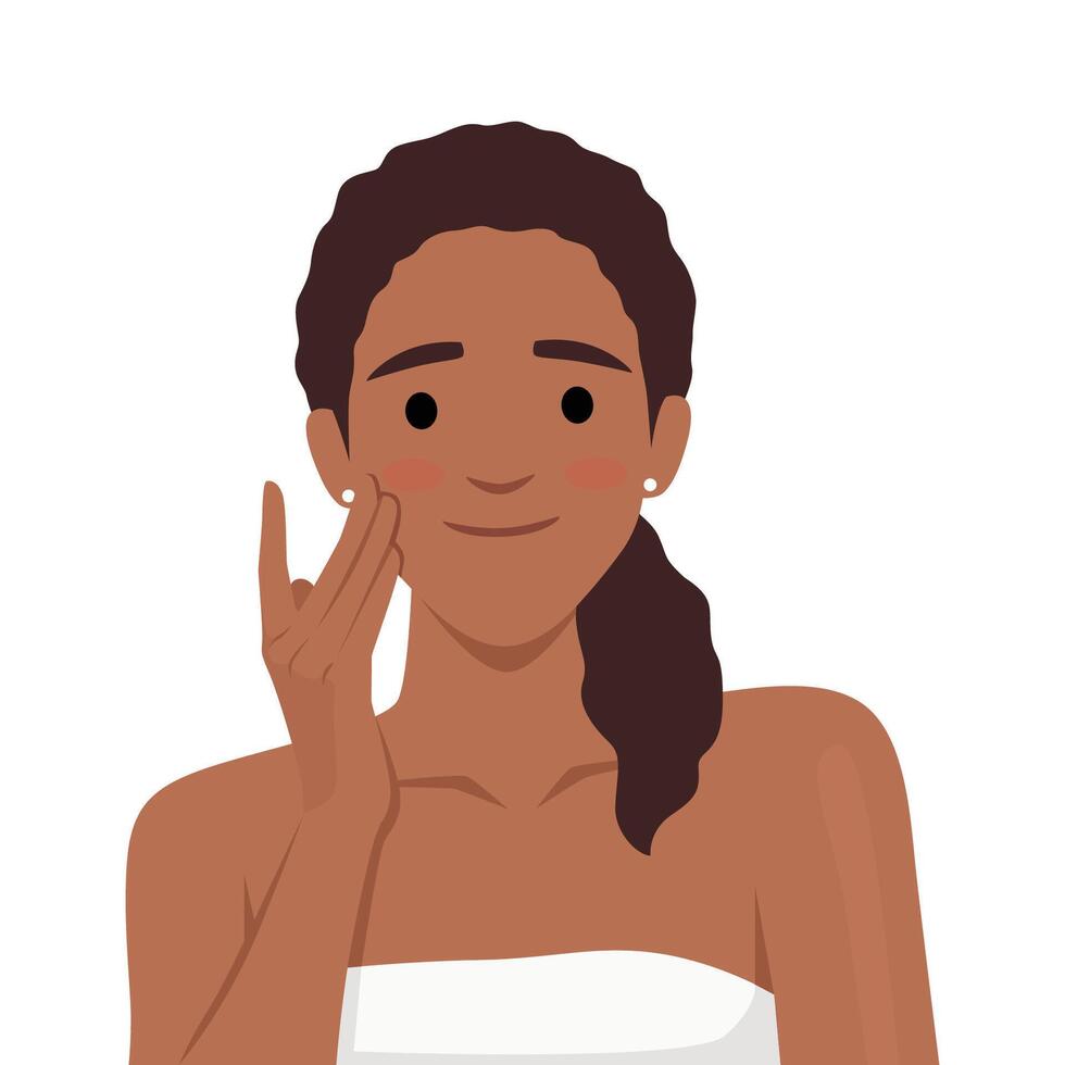 Woman with clean skin care in cartoon style. touching her face, vector